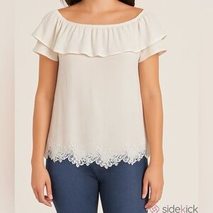 Lunik Cream Ruffle On Off Shoulder S Fairycore Boho Chic Whimsical Lace Hem Top